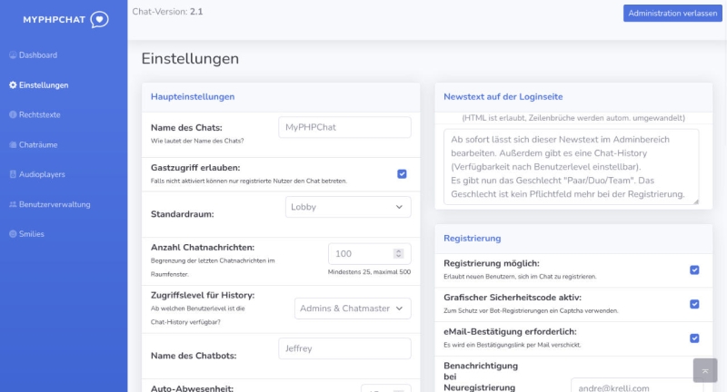 Adminbereich des Chats